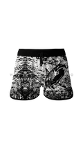 Men's black boardshorts with hammerhead shark design