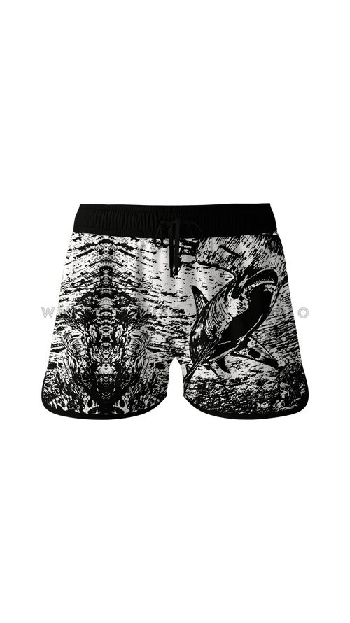 Men's black boardshorts with hammerhead shark design