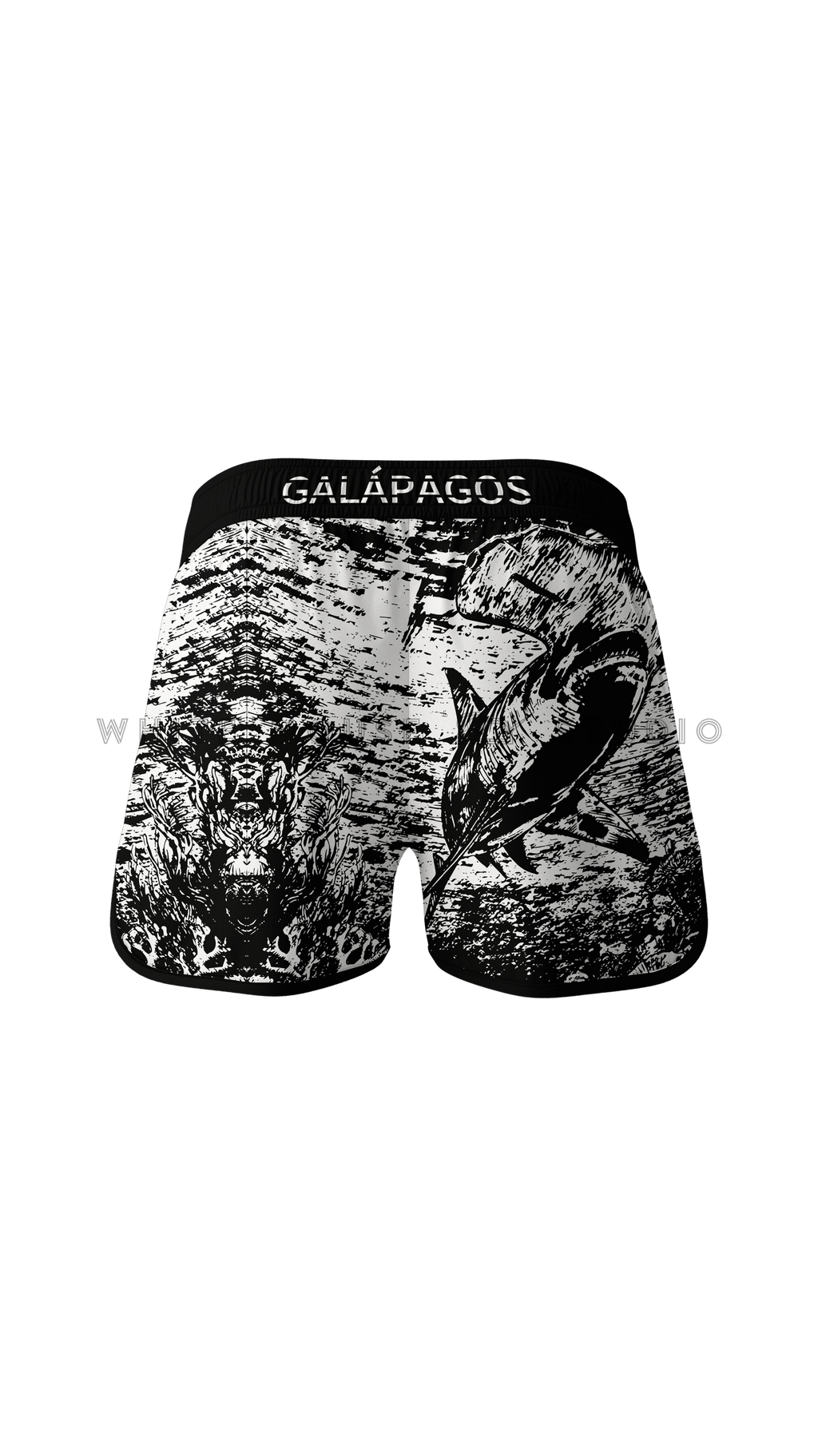 Men's black boardshorts with hammerhead shark design (back view)