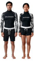 Man and woman wearing the black long sleeve hammerhead shark water sports staff uniform, front view