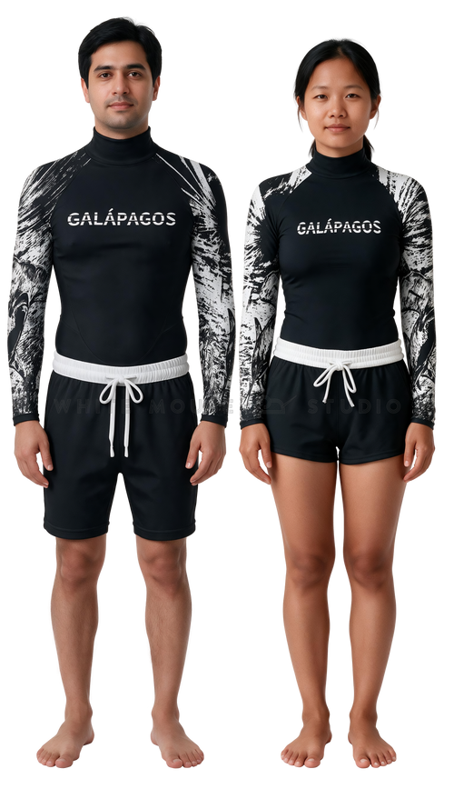 Man and woman wearing the black long sleeve hammerhead shark water sports staff uniform, front view