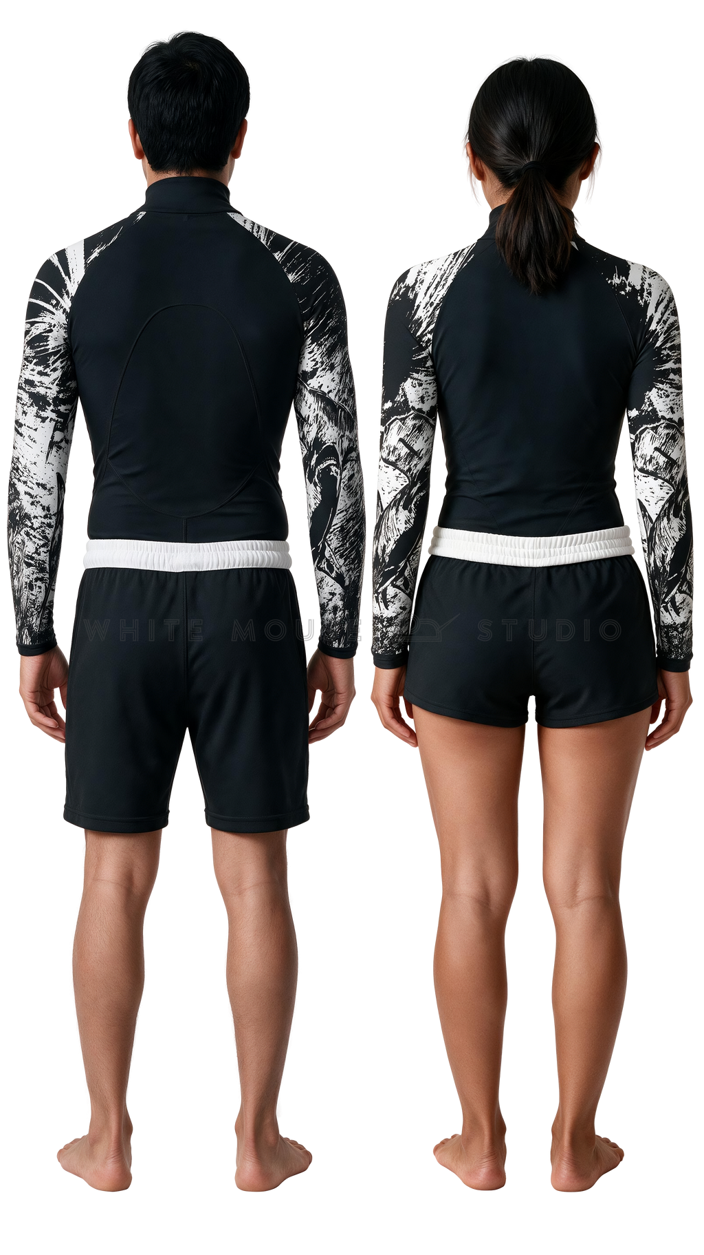 Man and woman wearing the black long sleeve hammerhead shark water sports staff uniform, back view