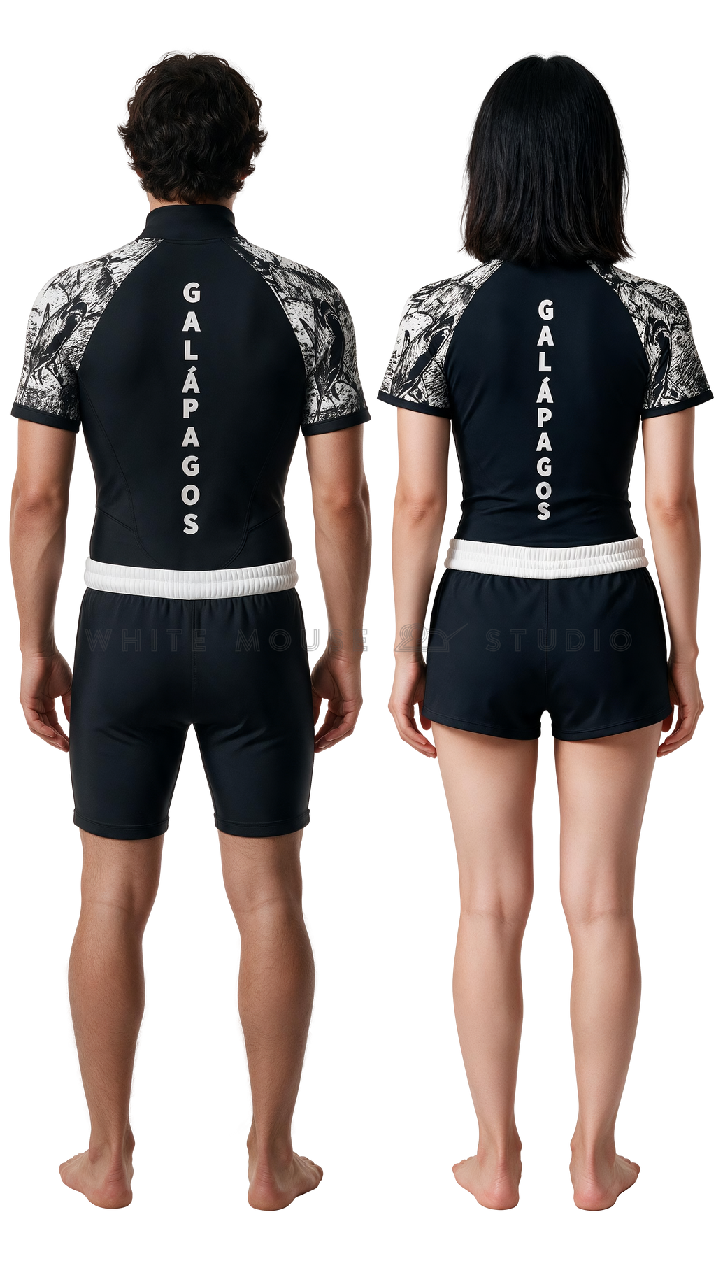 Man and woman wearing the black short sleeve hammerhead shark water sports staff uniform, back view
