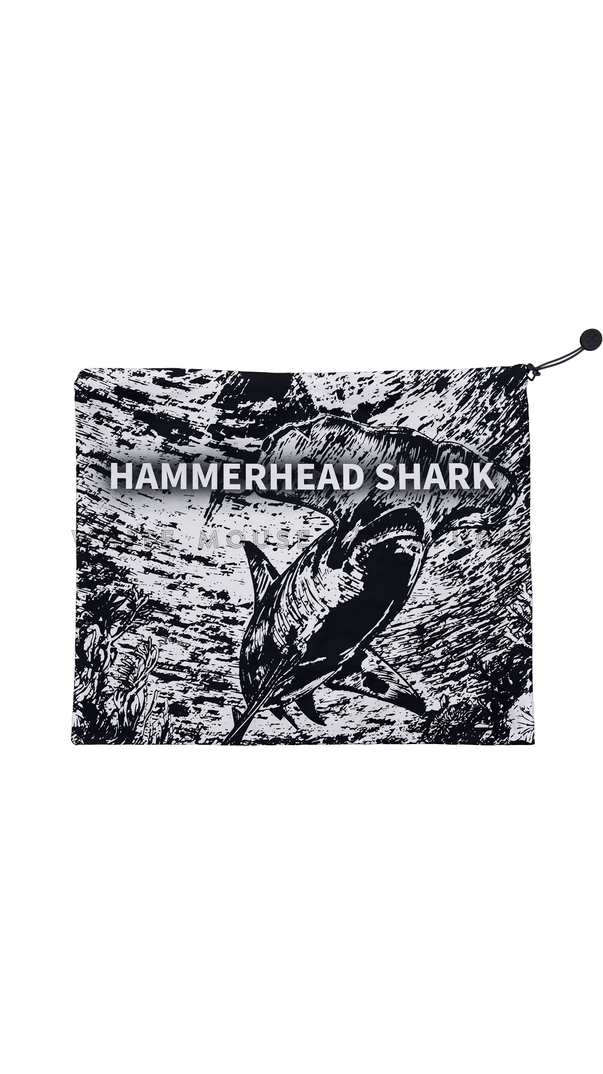 Black water-resistant bag with hammerhead shark design