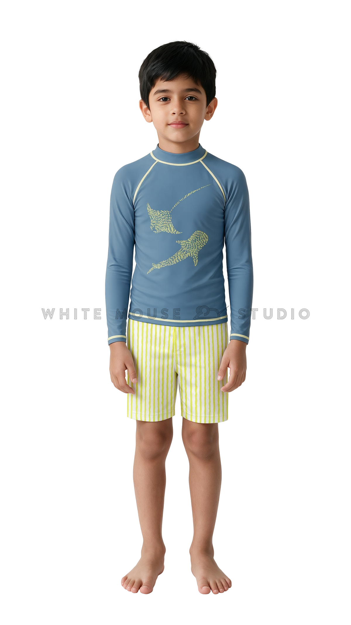 Boy wearing a long-sleeve rash guard with gentle giants print and swim shorts