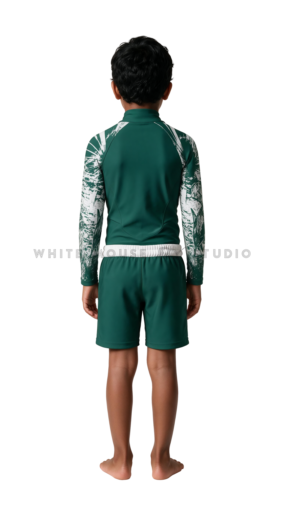 Boy wearing a long-sleeve rash guard with hammerhead shark print and swim shorts (back view)