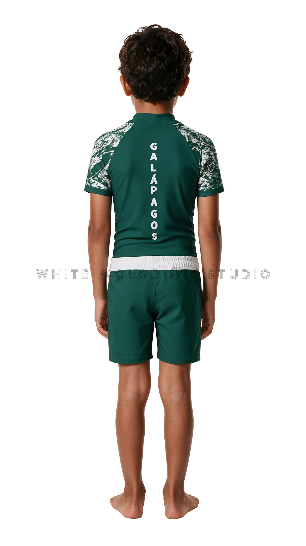 Boy wearing a short-sleeve rash guard with hammerhead shark print and swim shorts (back view)