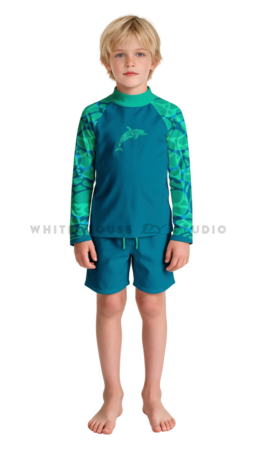 Boy wearing a long-sleeve rash guard with teal dolphin ripple print and swim shorts