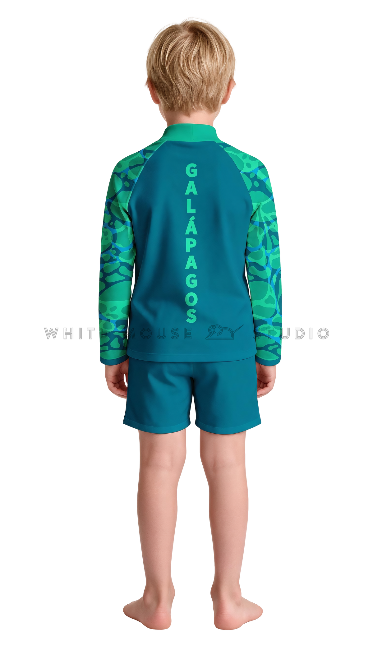 Boy wearing a long-sleeve rash guard with teal dolphin ripple print and swim shorts (back view)