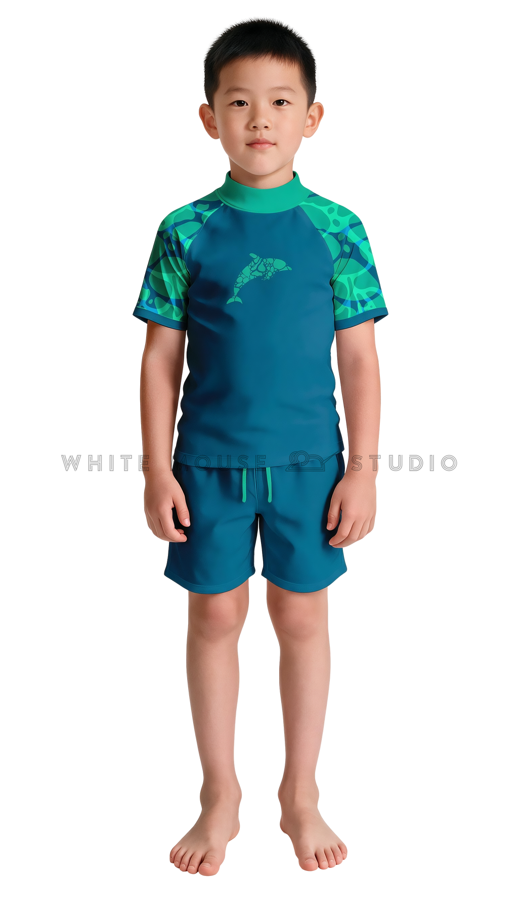 Boy wearing a short-sleeve rash guard with teal dolphin ripple print and swim shorts