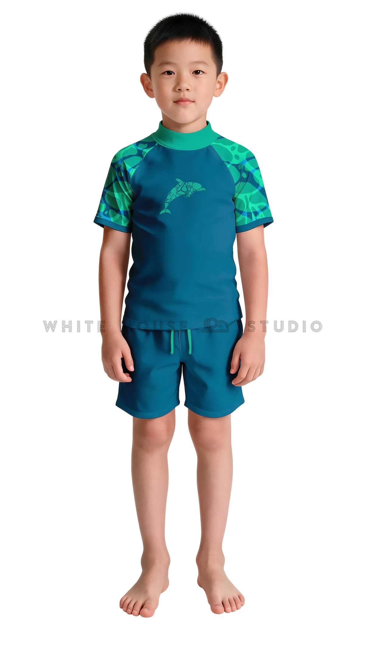 Boy wearing a short-sleeve rash guard with teal dolphin ripple print and swim shorts