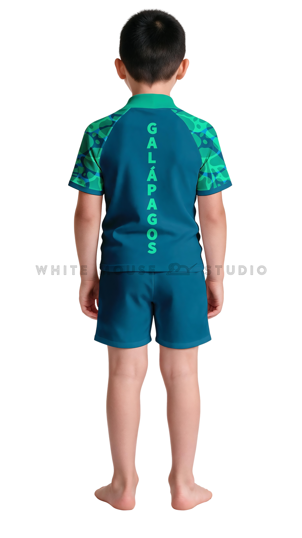 Boy wearing a short-sleeve rash guard with teal dolphin ripple print and swim shorts (back view)