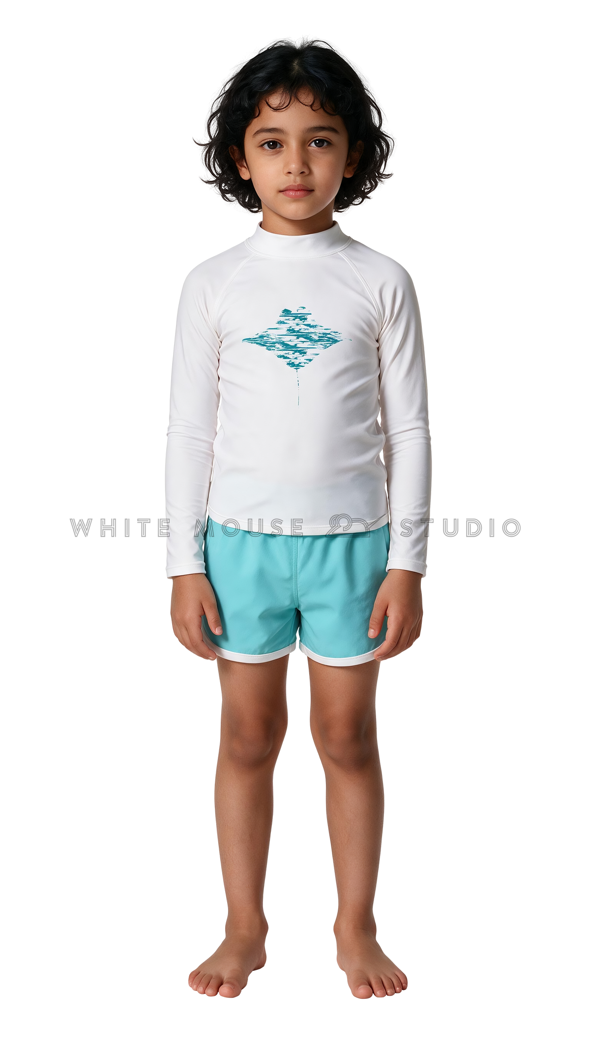 Girl wearing a long-sleeve rash guard with blue shadow manta print and swim shorts