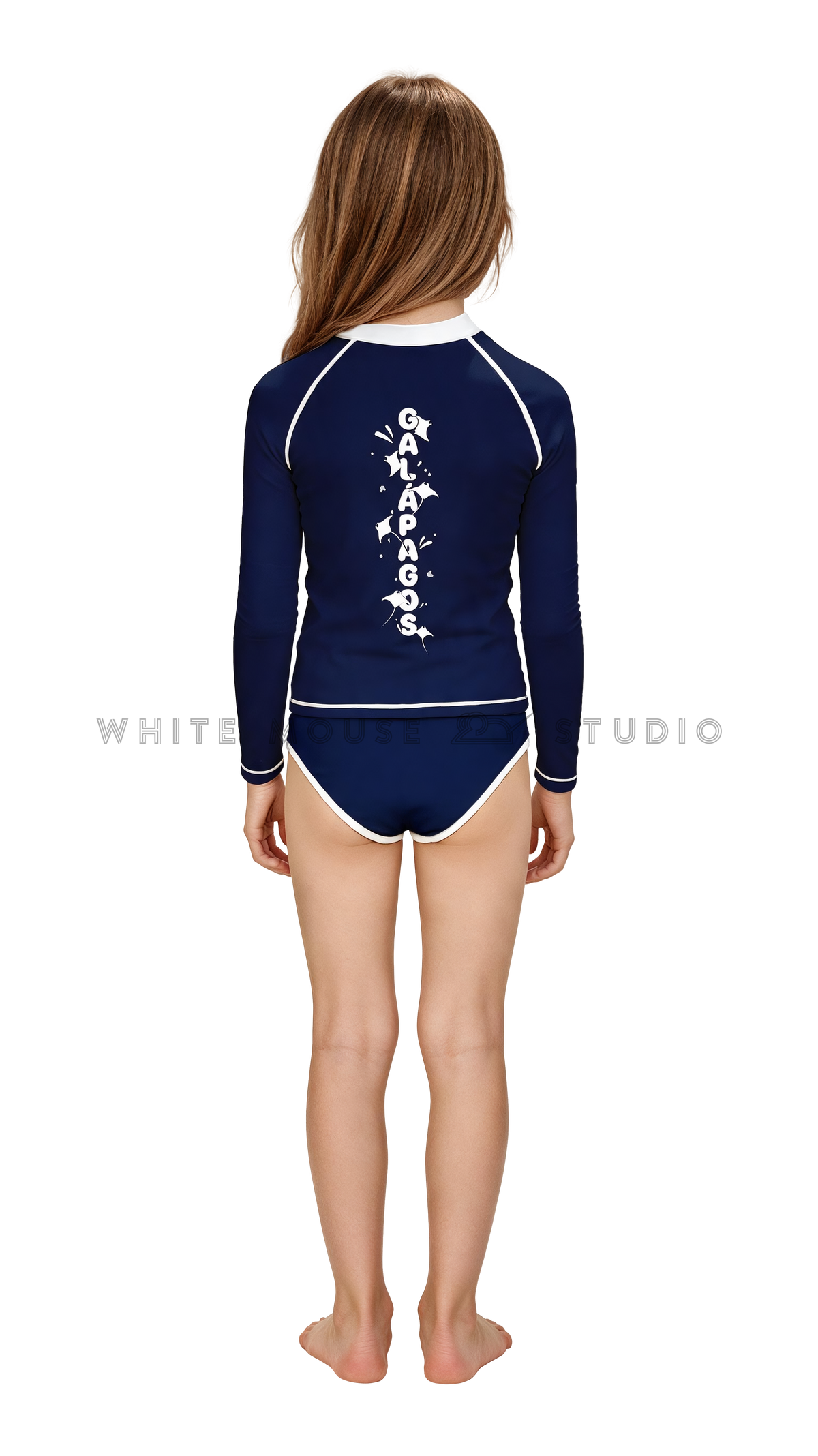 Girl wearing a long-sleeve rash guard with dark blue manta group print and bikini bottoms (back view)