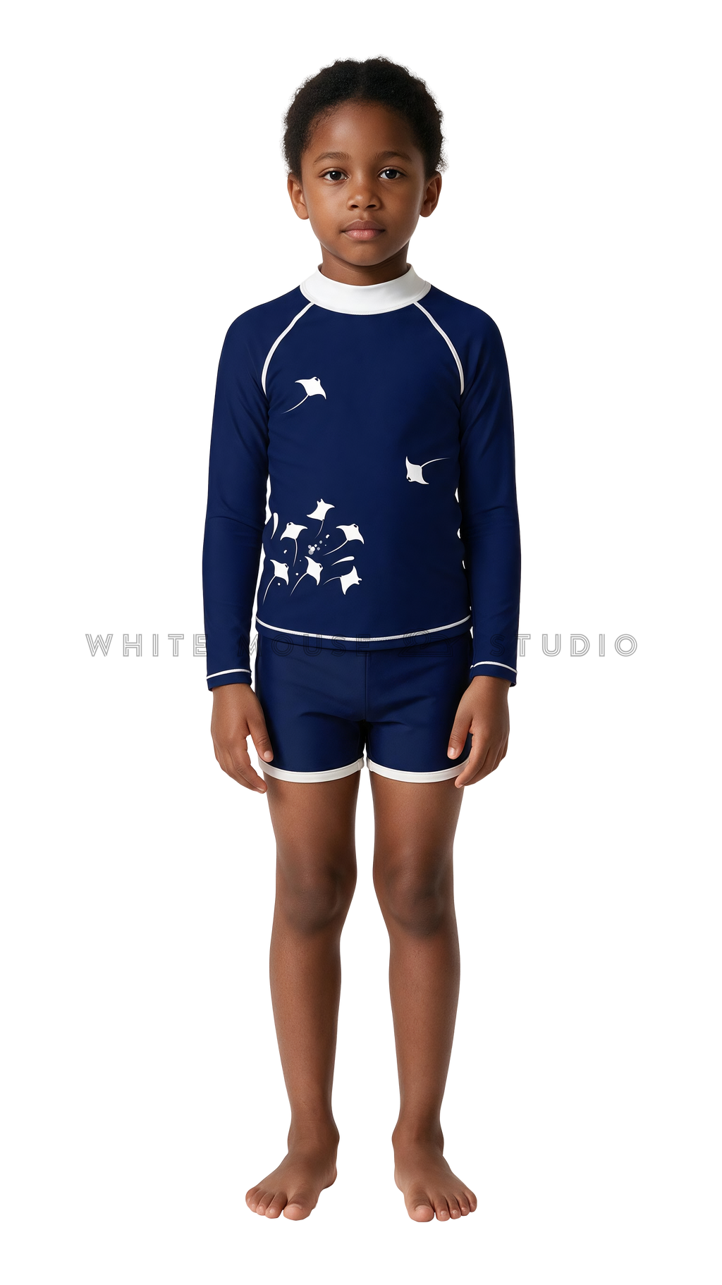 Girl wearing a long-sleeve rash guard with dark blue manta group print and swim shorts