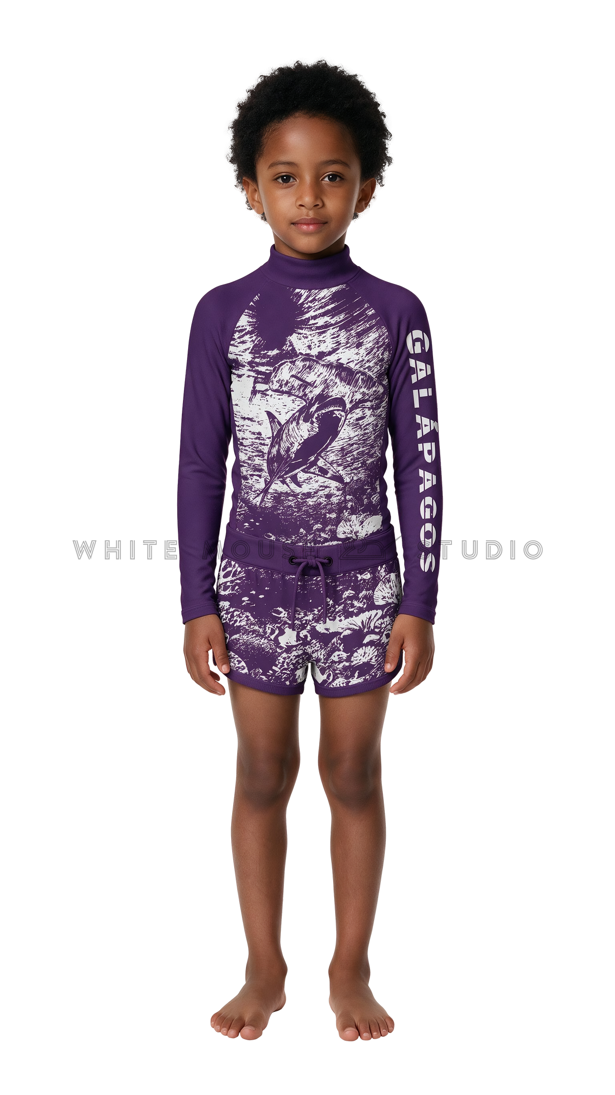 Girl wearing long-sleeve swimwear with purple hammerhead shark print