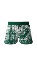 Men's green boardshorts with hammerhead shark design