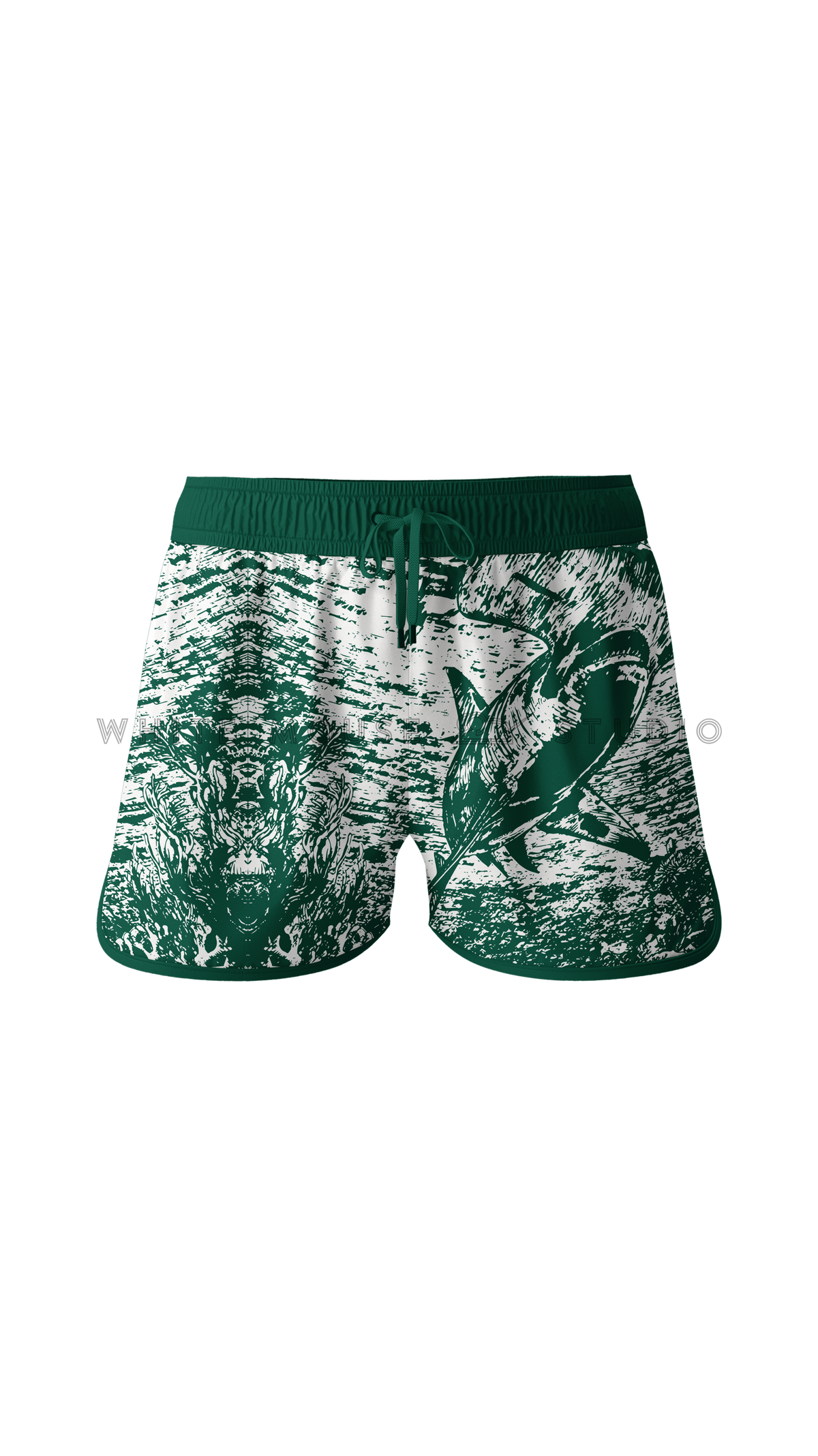 Men's green boardshorts with hammerhead shark design