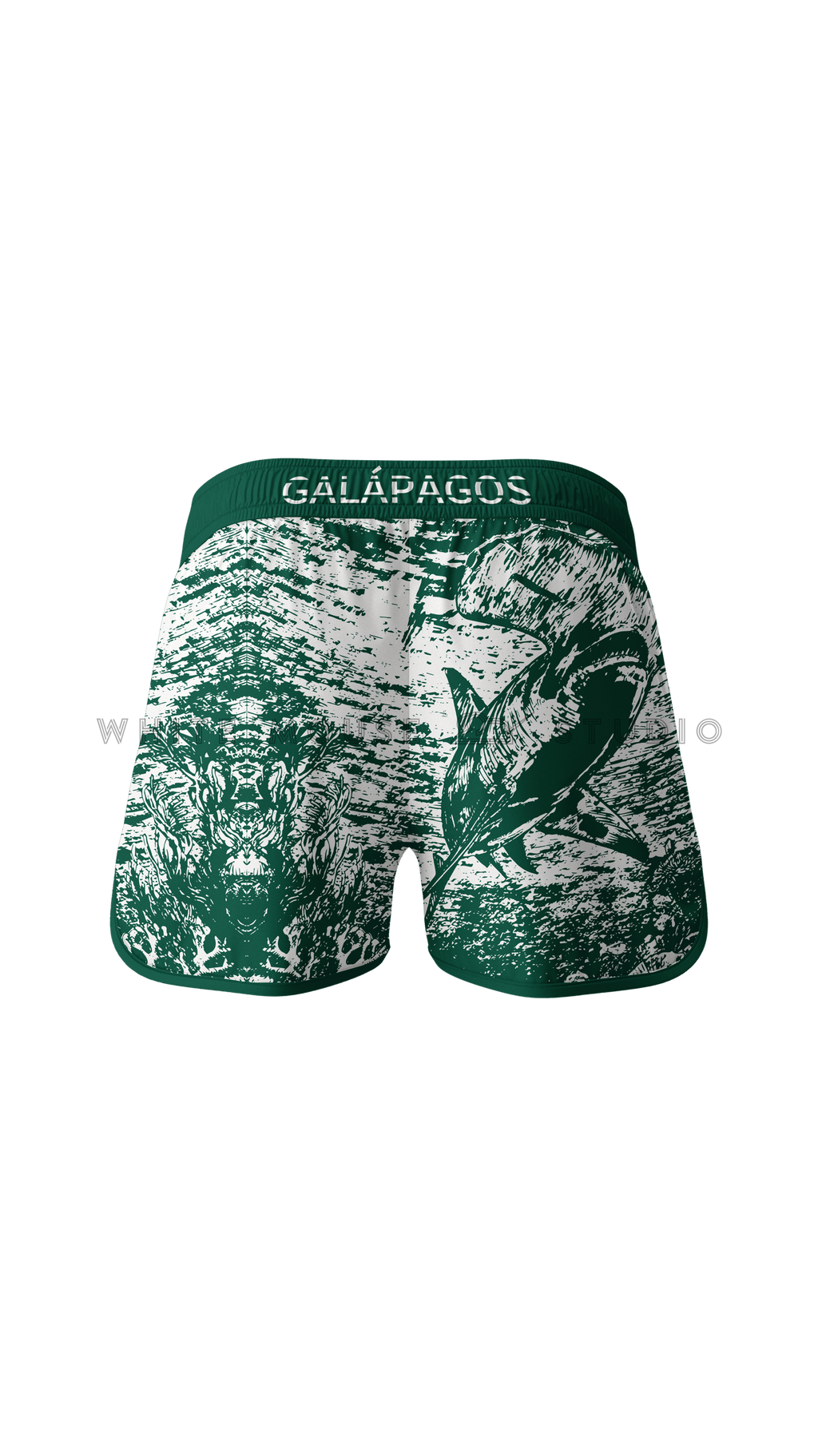 Men's green boardshorts with hammerhead shark design (back view)
