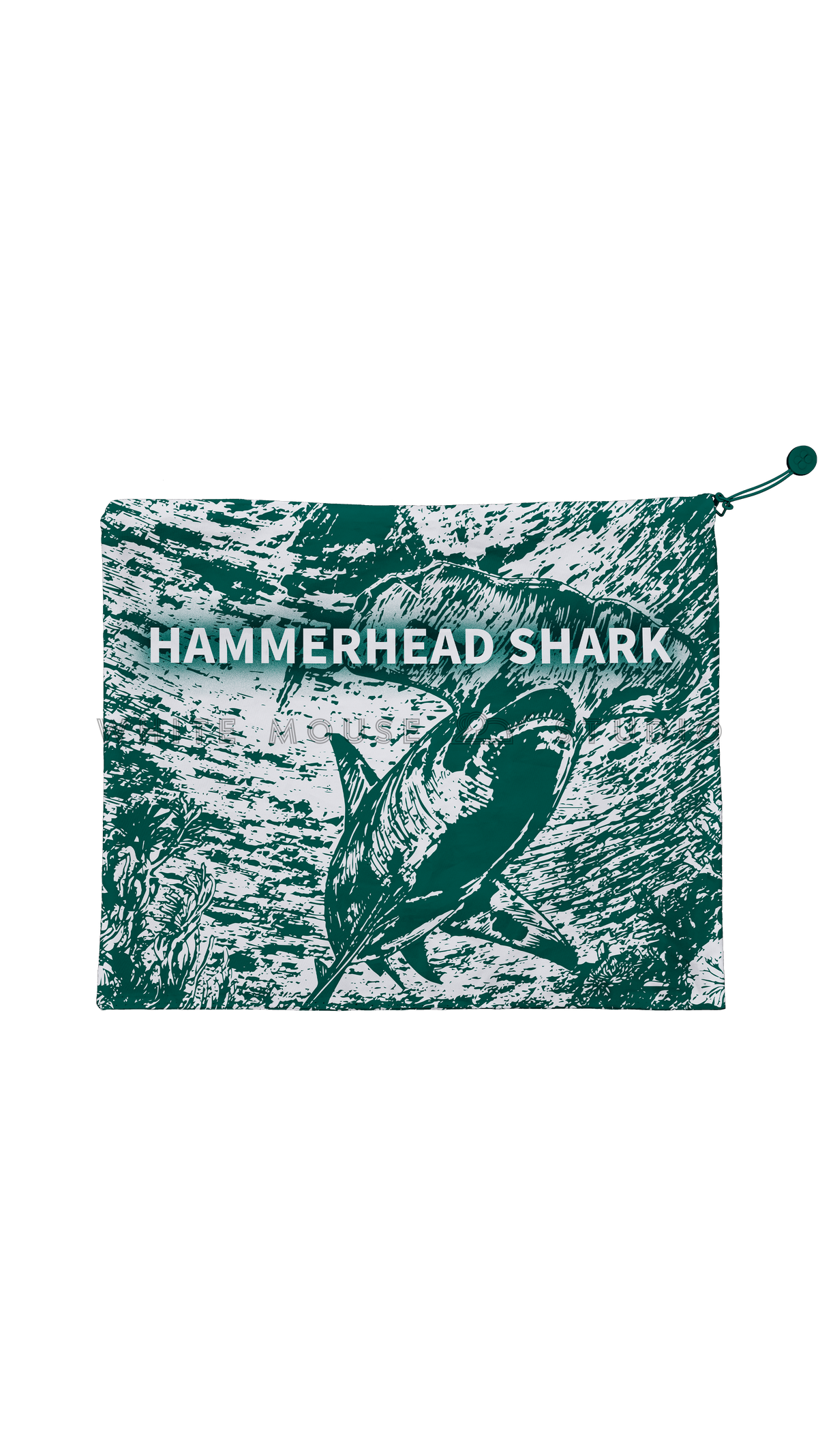 Green water-resistant bag with hammerhead shark design