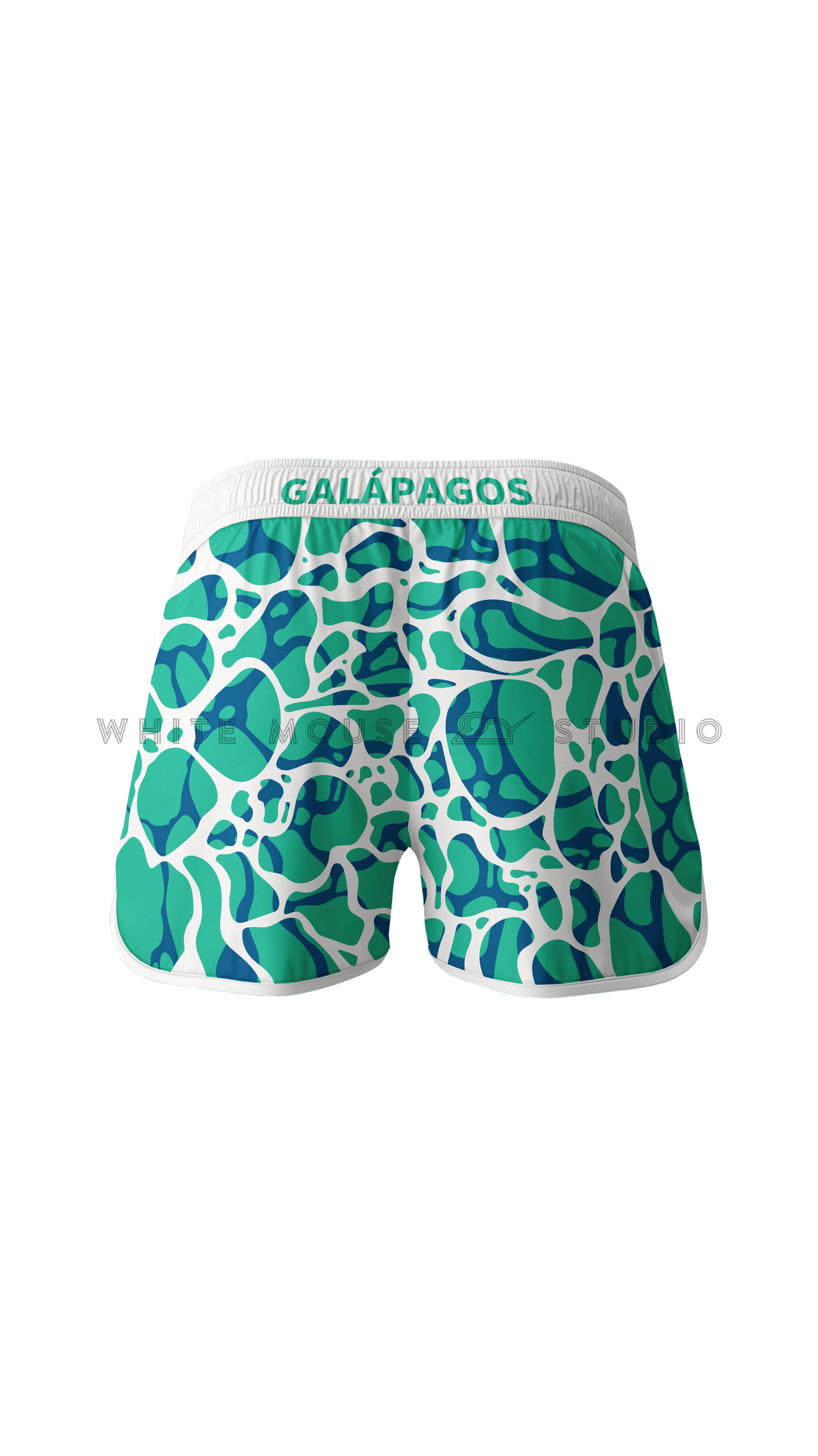 Men's green boardshorts with ripple water pattern (back view)