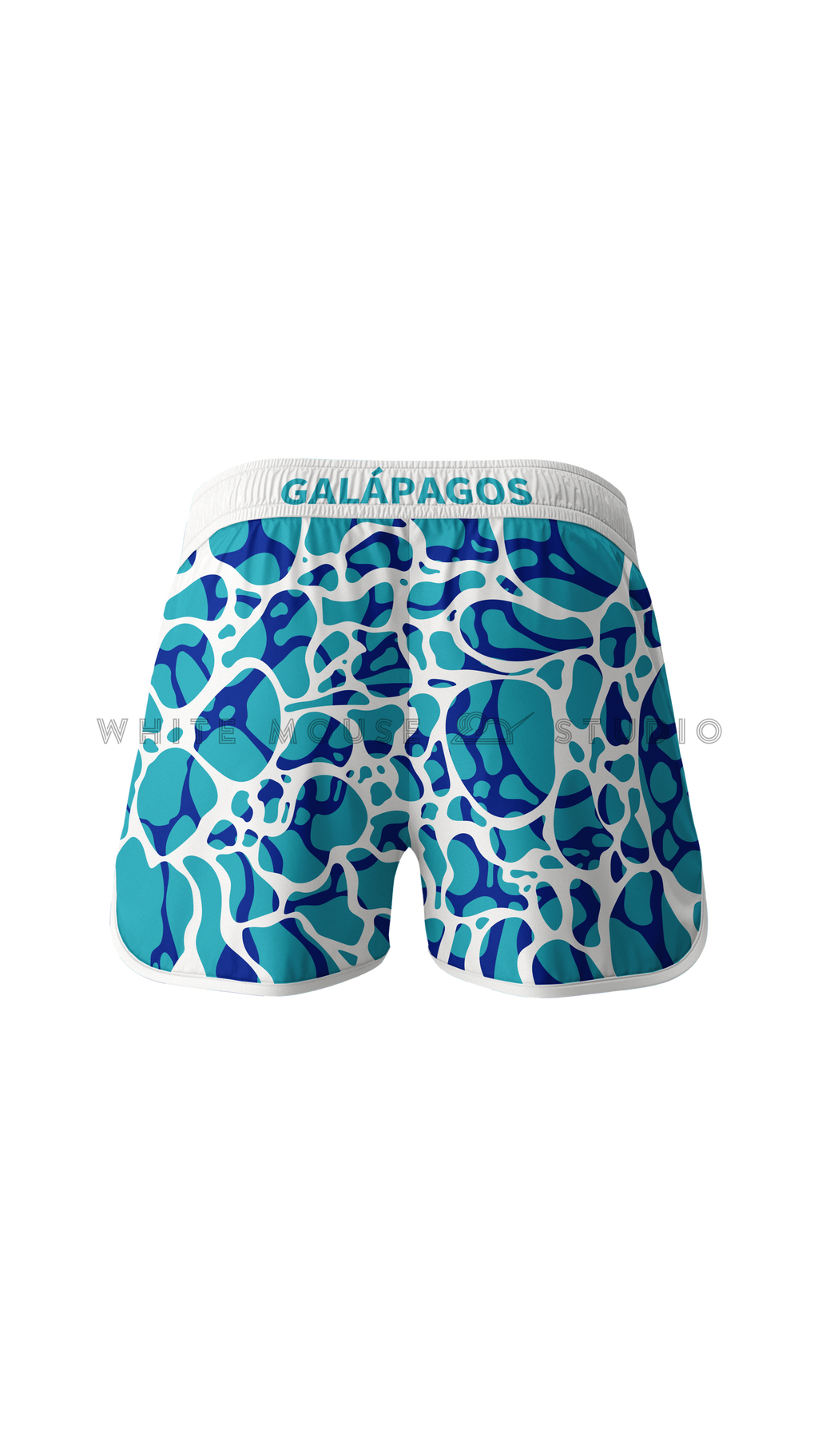 Men's ocean blue boardshorts with ripple water pattern (back view)