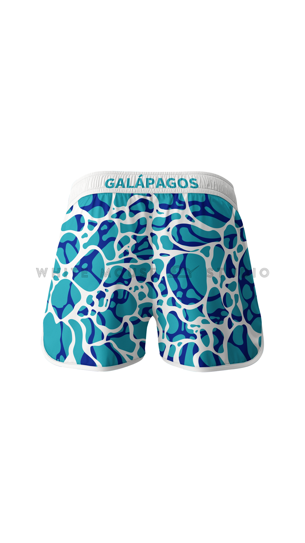 Men's ocean blue boardshorts with ripple water pattern (back view)