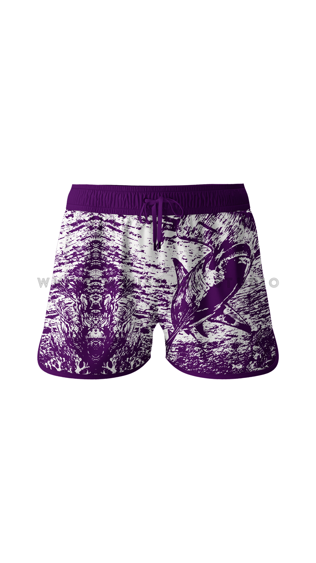 Men's purple boardshorts with hammerhead shark design
