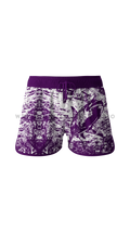 Men's purple boardshorts with hammerhead shark design