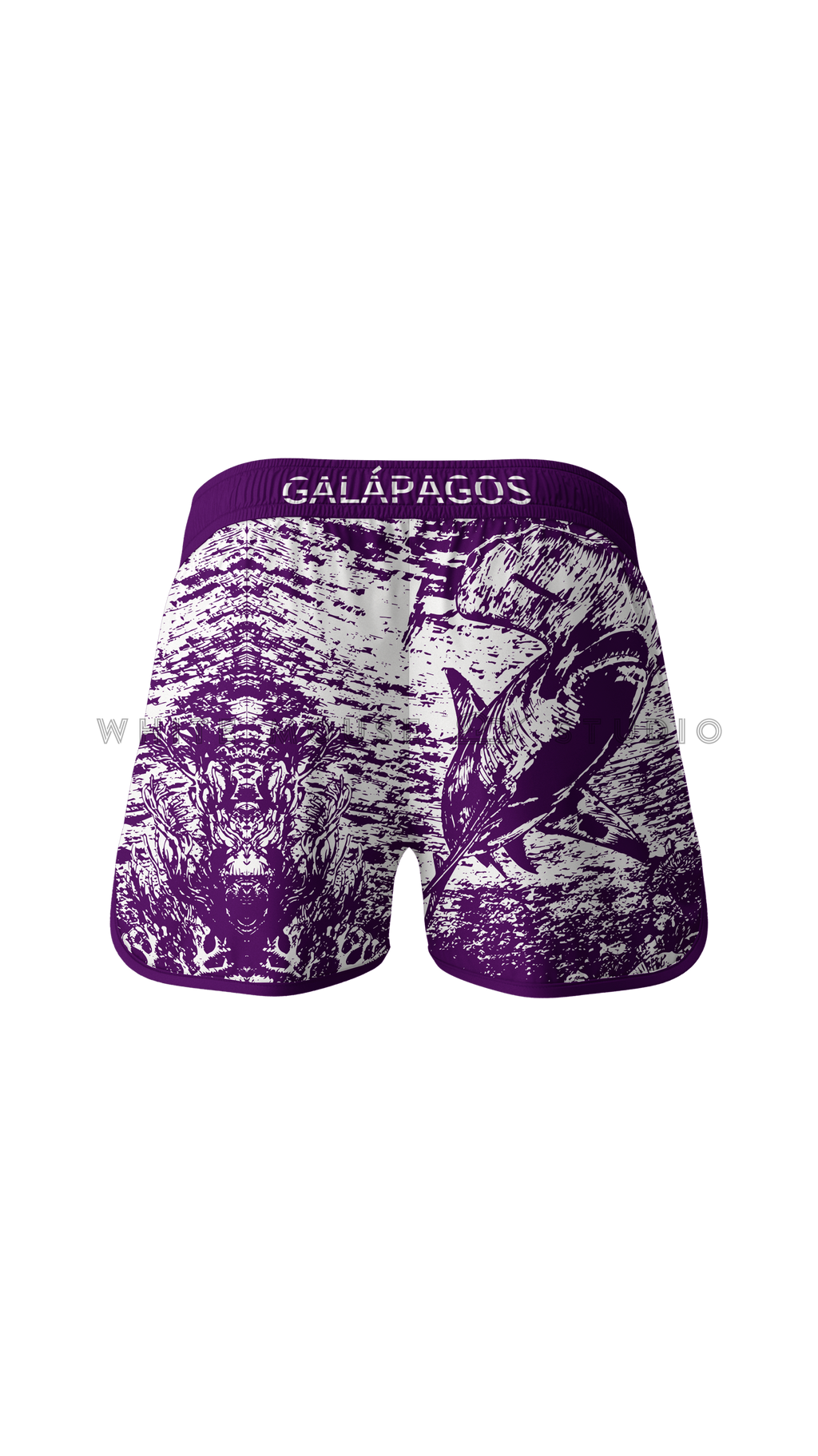 Men's purple boardshorts with hammerhead shark design (back view)