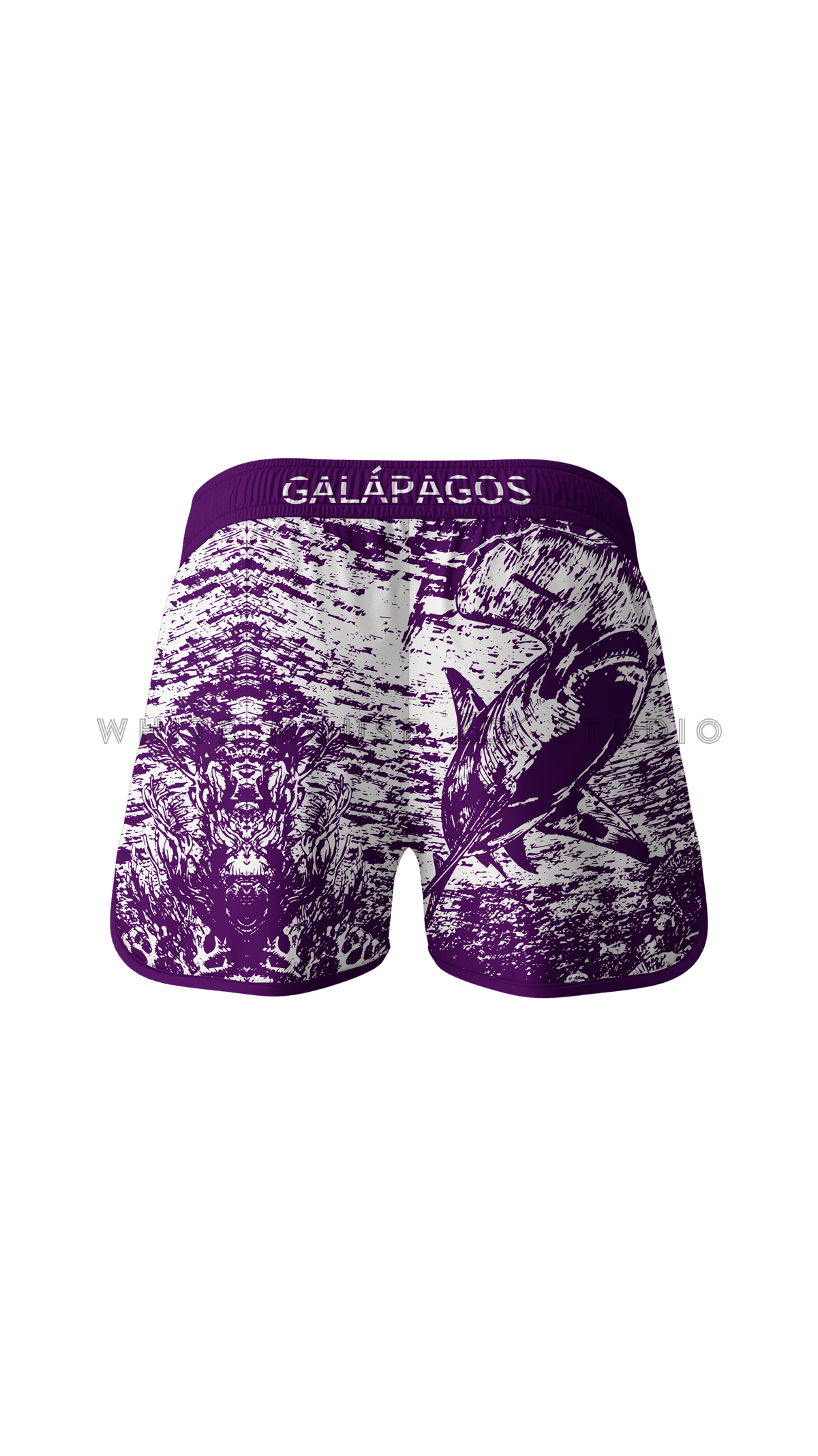 Men's purple boardshorts with hammerhead shark design (back view)