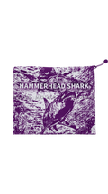 Purple water-resistant bag with hammerhead shark design