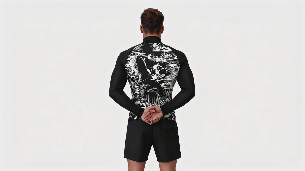 Black manta print rash guard and boardshorts swim set